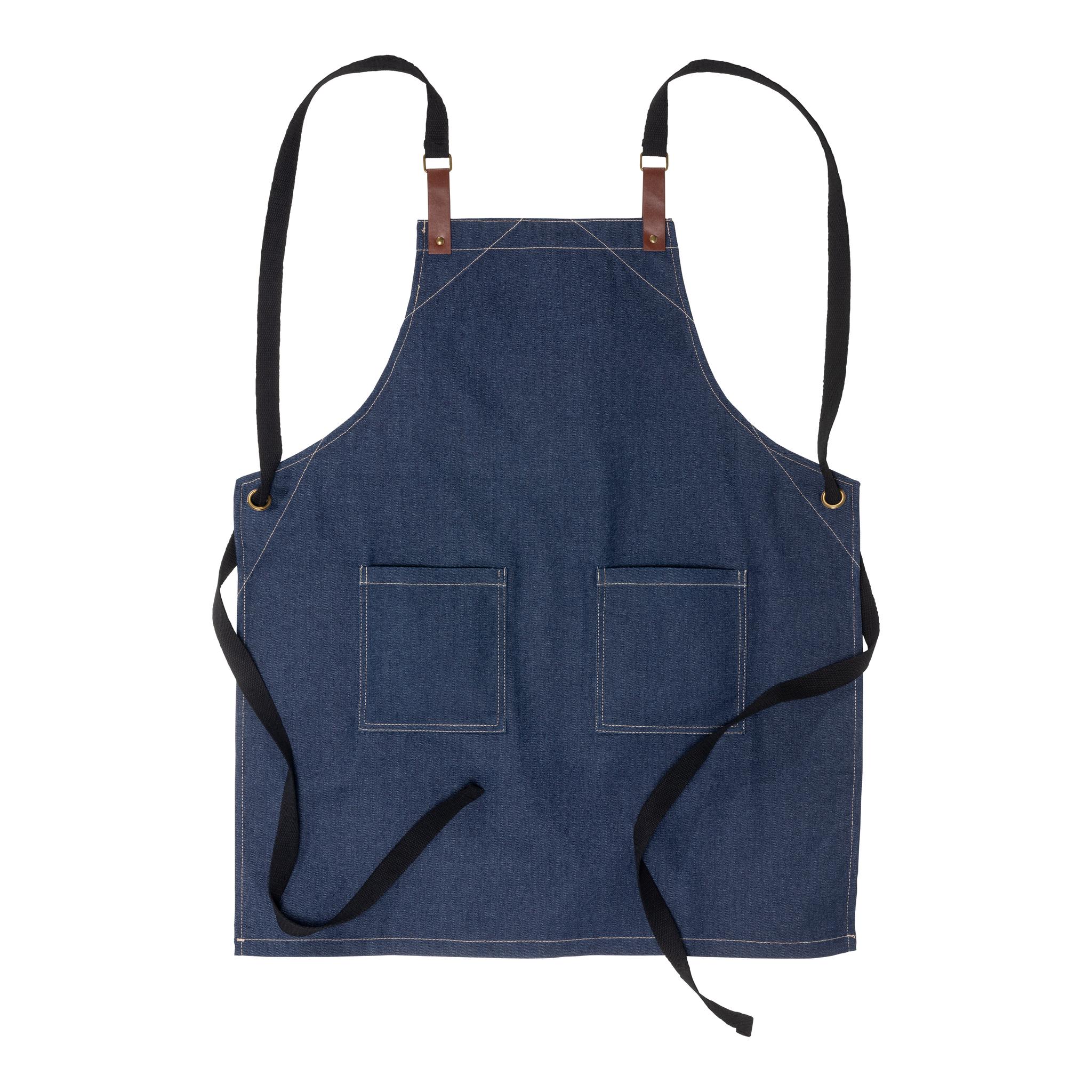 Delantal de cocina ajustable en algodón vaquero denim con 2 bolsillos delanteros. Delantal de cocina ajustable en algodón vaquero denim con 2 bolsillos delanteros.